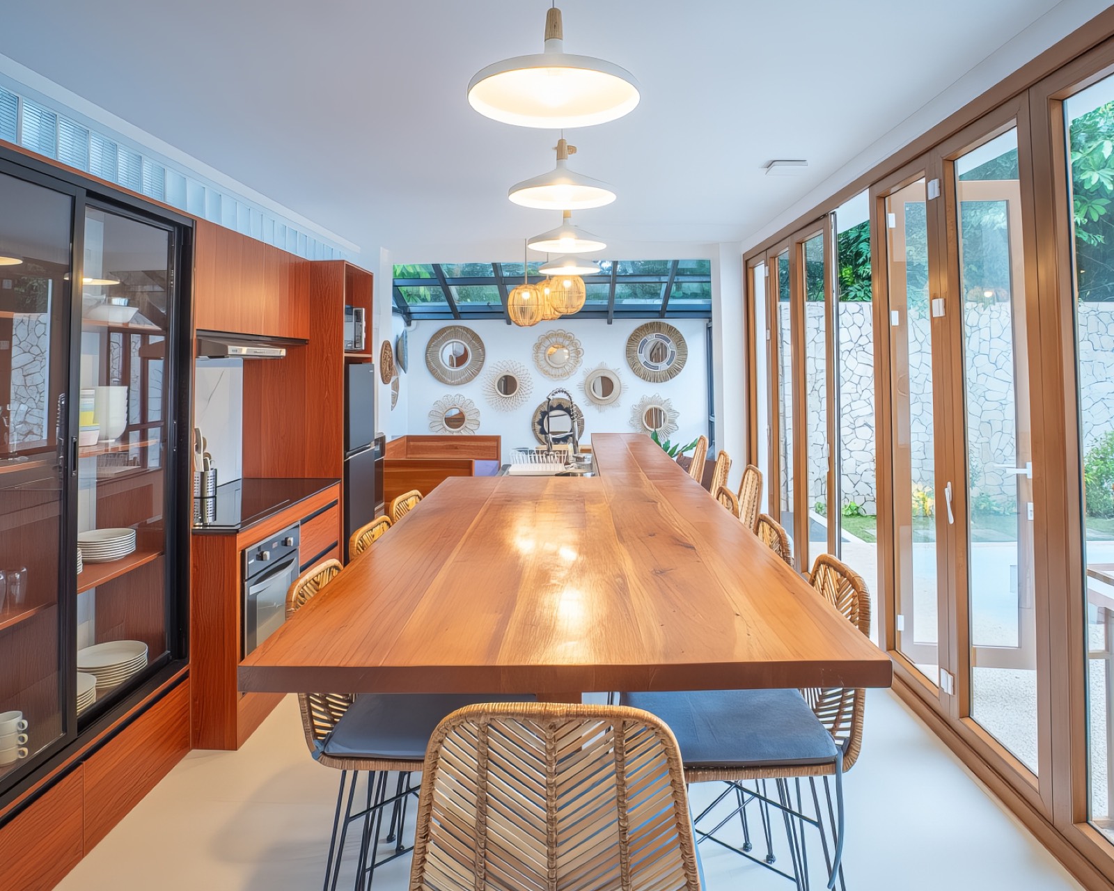 Open living and dining room flowing to the pool